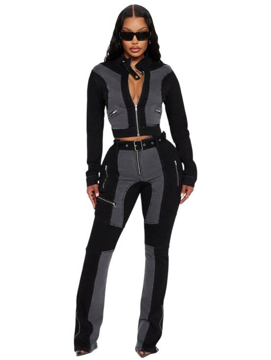 Fashion Nova Denim - Shape Enhancing Stretch Moto Jeans GREY BLACK DENIM Belted SIZE 9 NWT
